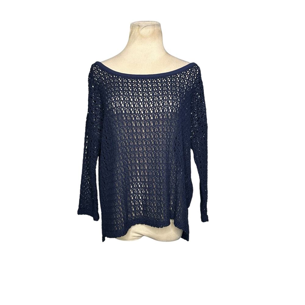 Aerie navy blue open knit 3/4 sleeves boat neck summer sweater size Small
